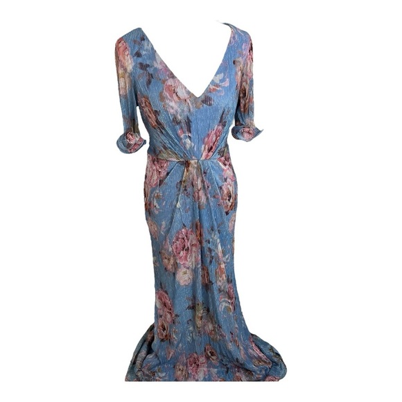 Adrianna Papell blue floral evening gown cocktail formal dress MOB black tie 12 - Picture 6 of 15